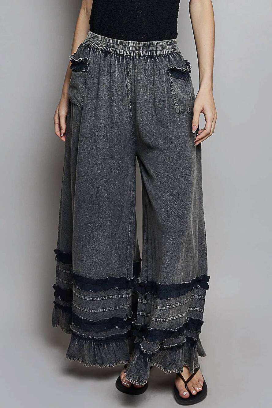 NEW POL ruffle detail wide leg woven pants in charcoal